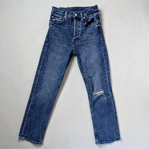 Mother Tomcat 24 Blue High Rise Distressed Straight Raw Hem Denim - Picture 1 of 14